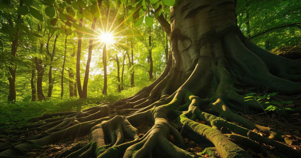 Ein großer Baum mit ausladenden Wurzeln in einem grünen Wald, beleuchtet von Sonnenlicht.