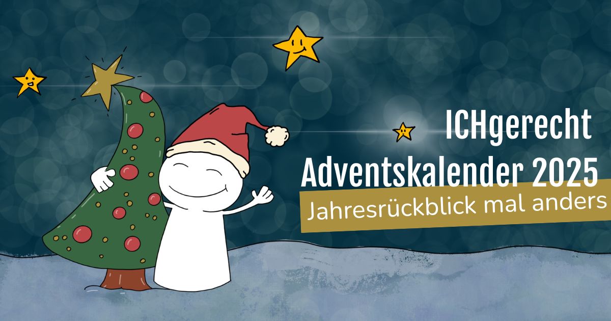 ICHgerecht Adventskalender 2025-SMGrafik ICHgerecht Adventskalender 2025 - Illustration Herr Pöppel Figur mit Tannenbaum und Sternen